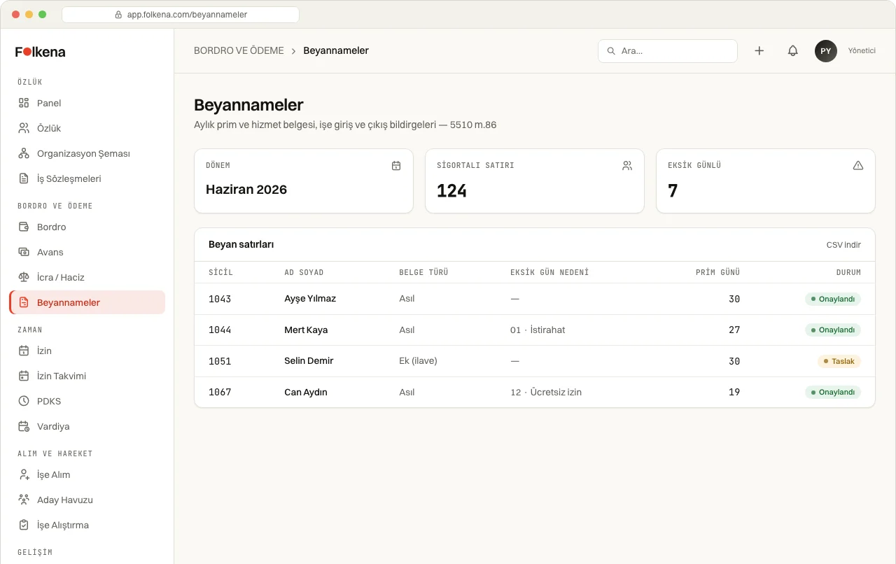 Folkena Beyannameler ekranı