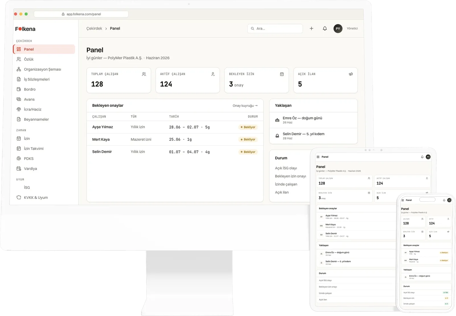 The same Folkena dashboard on a desktop screen, a tablet and a phone: headcount, pending leave approvals and upcoming anniversaries