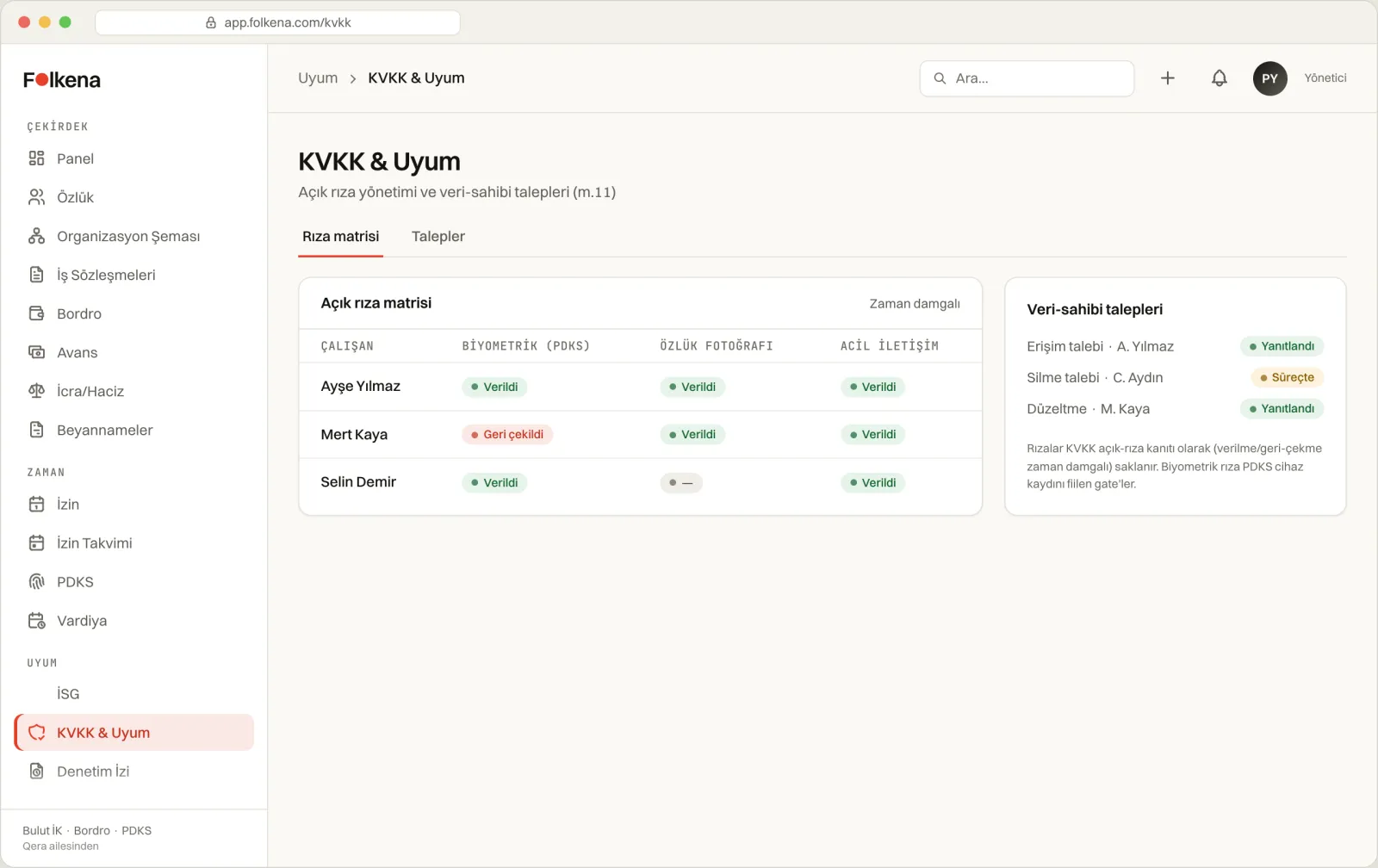 Folkena KVKK açık rıza matrisi — denetime hazır